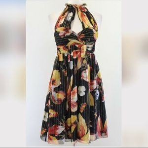 Anna Sui for Anthropologie Black Metallic Silk Nagia Iris Floral Dress